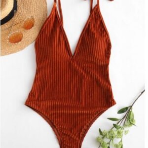 Mila - วันพีซคอวีลึก สีส้มอิฐ ผ้าลายทางมีเท็กซ์เจอร์