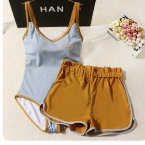 Tabitha - ชุดว่ายน้ำทูพีซ เสื้อกล้ามสีฟ้า กางเกงขาสั้นสีเหลืองมัสตาร์ด
