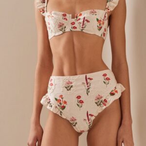 Amelia - บิกินี่ลายดอกไม้วินเทจ เสื้อมีระบายลูกไม้ กางเกงเอวสูง