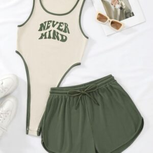 Florence - ชุดว่ายน้ำทูพีซ เสื้อกล้ามพิมพ์ลาย กางเกงขาสั้นสีเขียวขี้ม้า