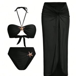 Ursula - ชุดบิกินี่สีดำ มีดีเทลดาวทะเล พร้อมกระโปรงผ้าคลุมยาวเข้าเซต